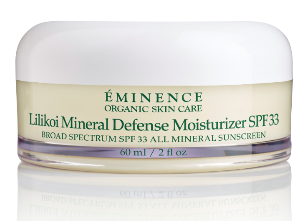 A white container of eminence okoi mineral defense moisturizer spf 3 5.